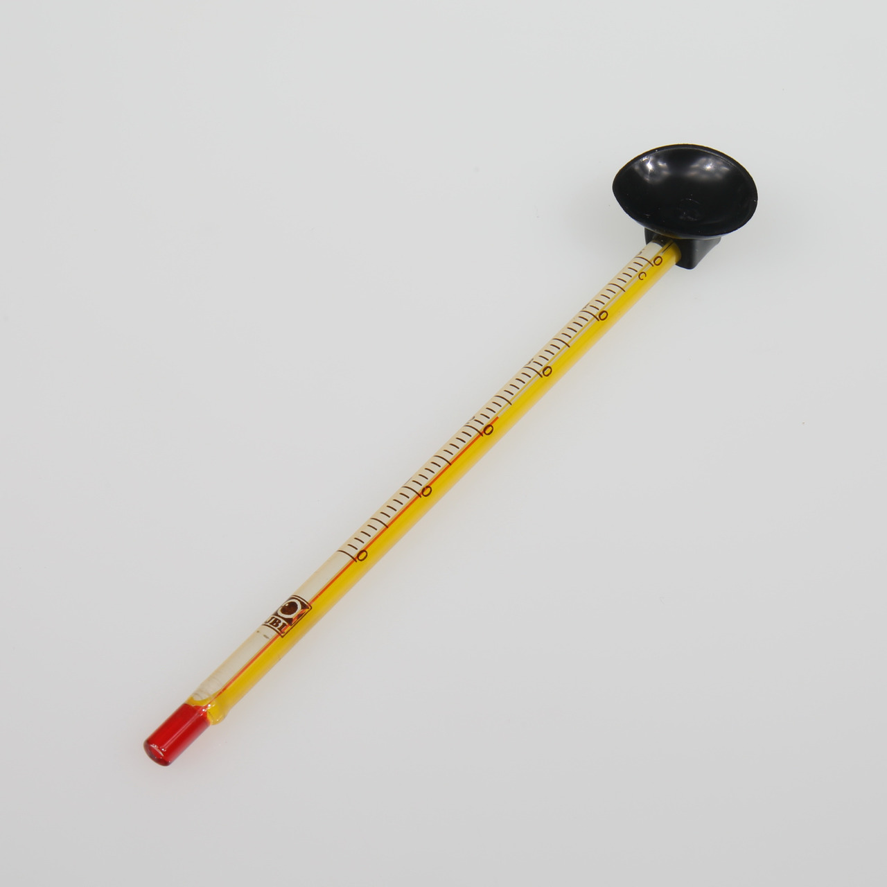 JBL Aquarium-Thermometer, Glas, gelbe Skala, rote Markierungen, schwarzer Saugnapf, präzise Temp.messung, ideal für Aquarien.