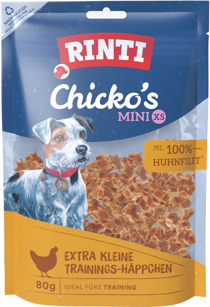 RINTI Chicko's Mini XS, Hundesnack, 100 % Huhnfilet, kl. Trainingshappen, 80 g, ideal f. kl. Hunde.