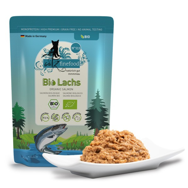 Catz finefood Bio Lachs: Bio-Nassfutter f. Katzen, Lachs, Monoprotein, getreidefrei, tierversuchsfrei, 85 g.