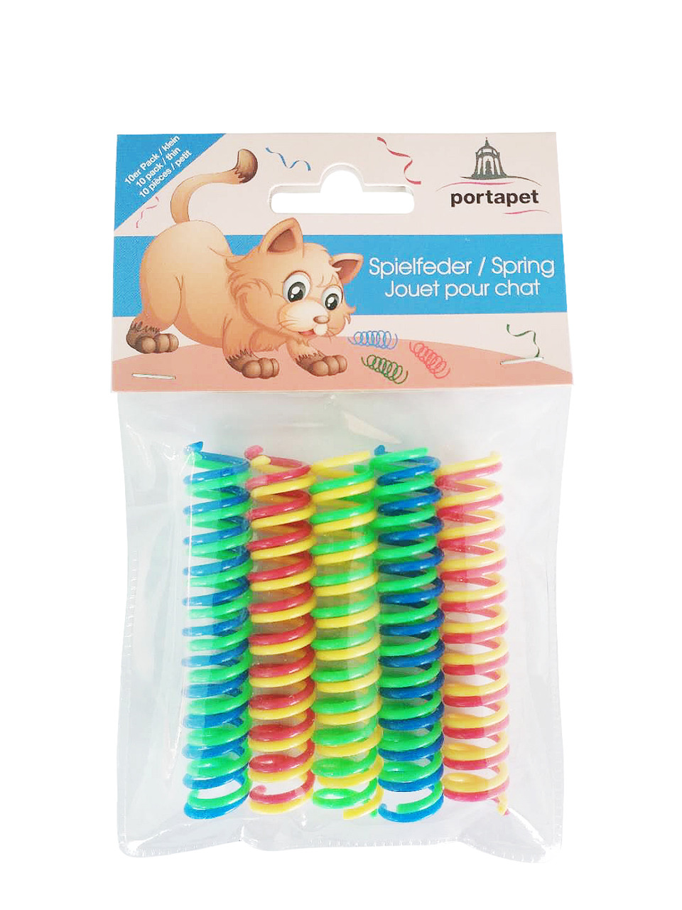 PortaPet Spielfeder, Katzenspielzeug, bunte Spiralfedern (Gelb, Grün, Blau, Rot), fördert Spieltrieb, 10 Stk., für Katzen.