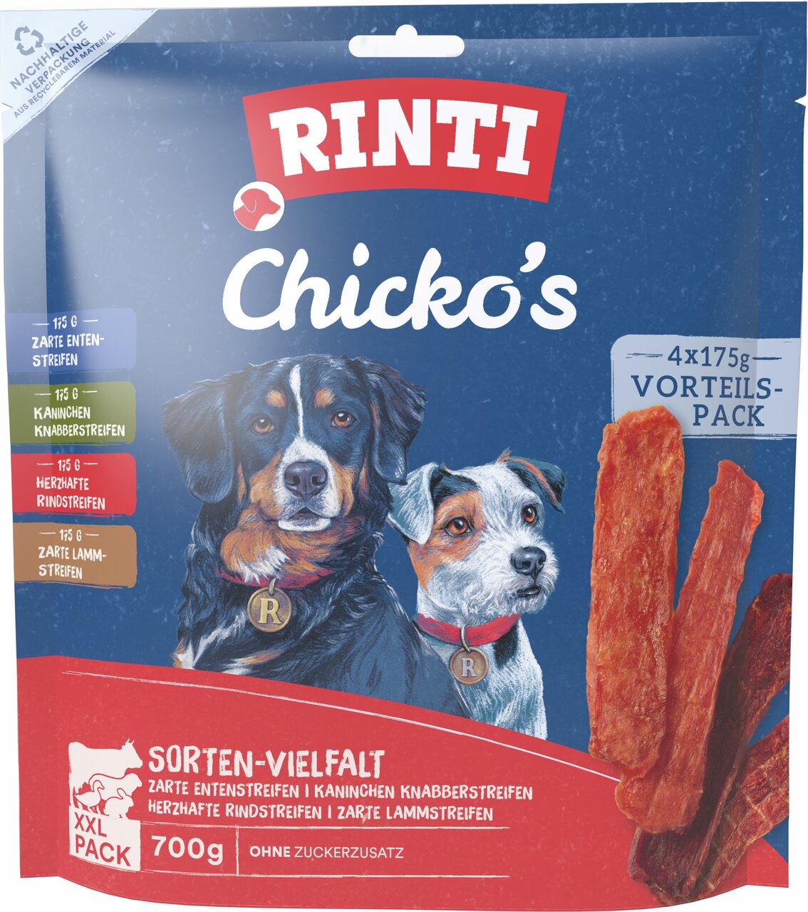 RINTI Chicko's Sorten-Vielfalt für Hunde, 700g, Enten-, Kaninchen-, Rind- und Lammstreifen, ohne Zuckerzusatz, Vorteils-Pack.