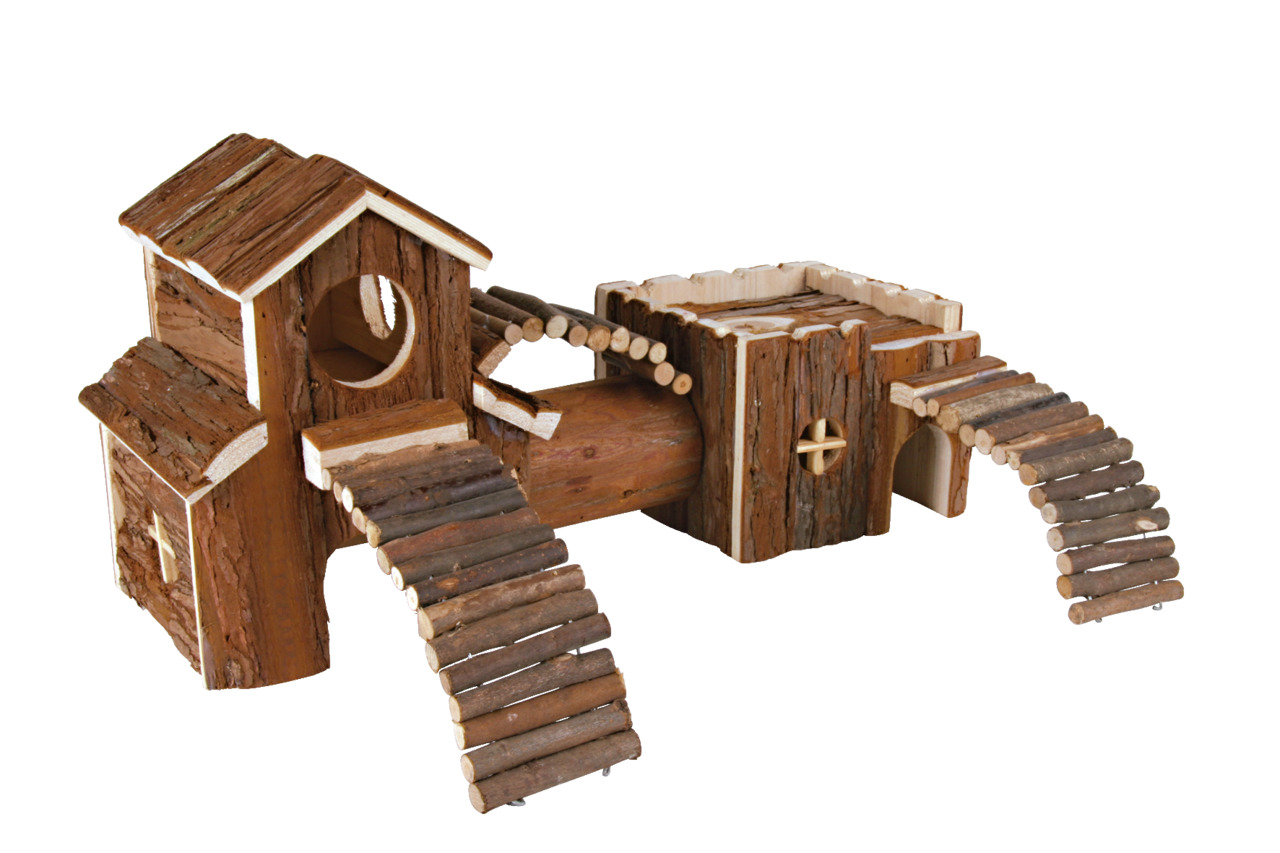 TRIXIE Naturholz-Spielhaus für Hamster-Mäuse, aus unbehandeltem Holz, mit Ebenen, Rampen, Verstecken, Maße: ca. 35x25x20 cm.
