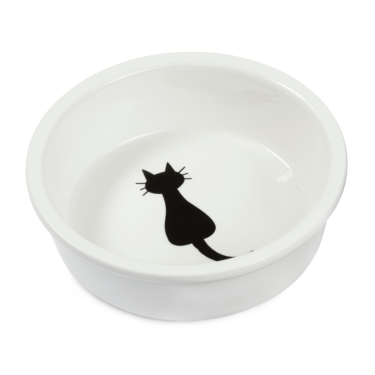Weiße Futterschale der Marke AniOne mit schwarzem Katzenmotiv im Inneren. Geeignet für Katzen als Zielgruppe. Die Schale besteht aus Keramik und ist ideal für Futter oder Wasser. Das schlichte Design mit der stilisierten schwarzen Katze verleiht der Schal