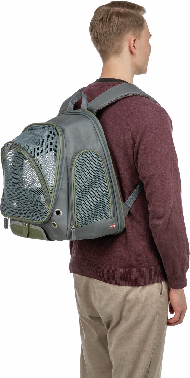 Rucksack für Haustiere von TRIXIE, für Hunde und Katzen bis 8 kg, grau-grün, atmungsaktive Netze, komfortabler Tragekomfort.