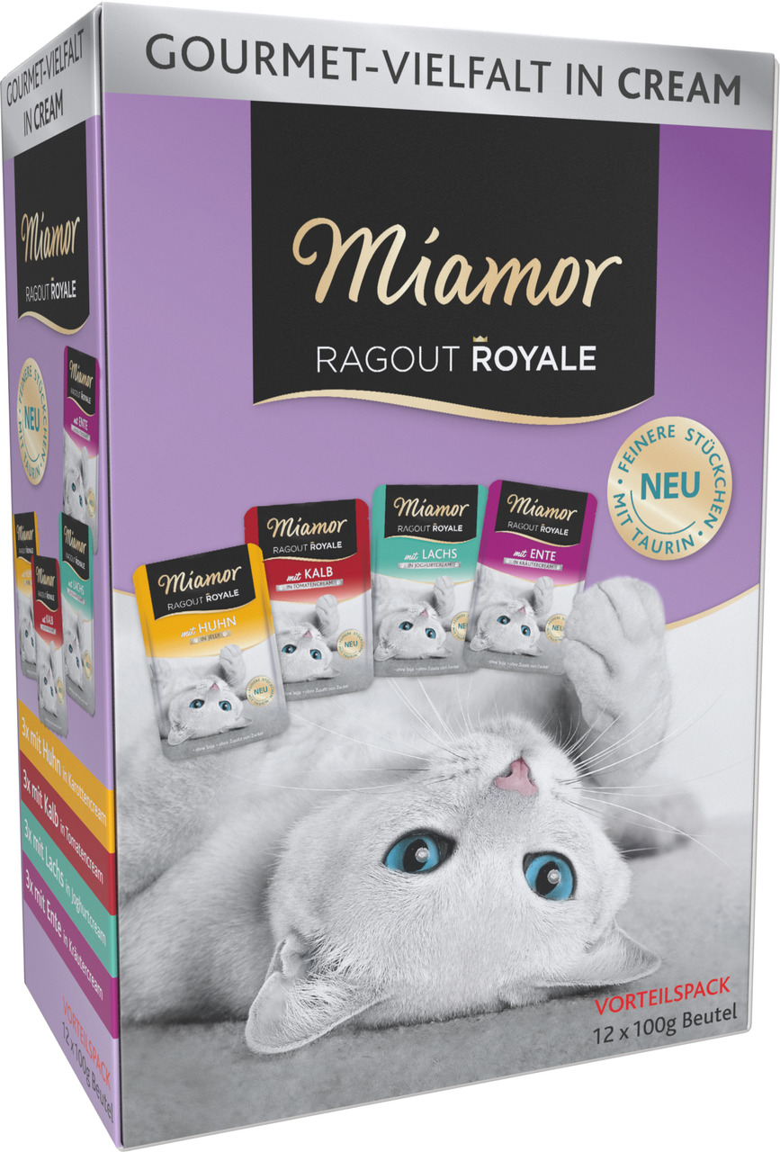 Miamor Ragout Royale Katzenfutter, Gourmet-Vielfalt in Cream, 12x100g (Huhn, Kalb, Lachs, Ente), feine Stückchen mit Taurin, NEU.