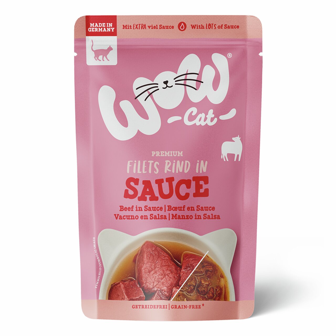 WOW CAT Premium Filets Rind in Sauce, 85 g, für Katzen, getreidefrei, extra viel Sauce, „Made in Germany“.