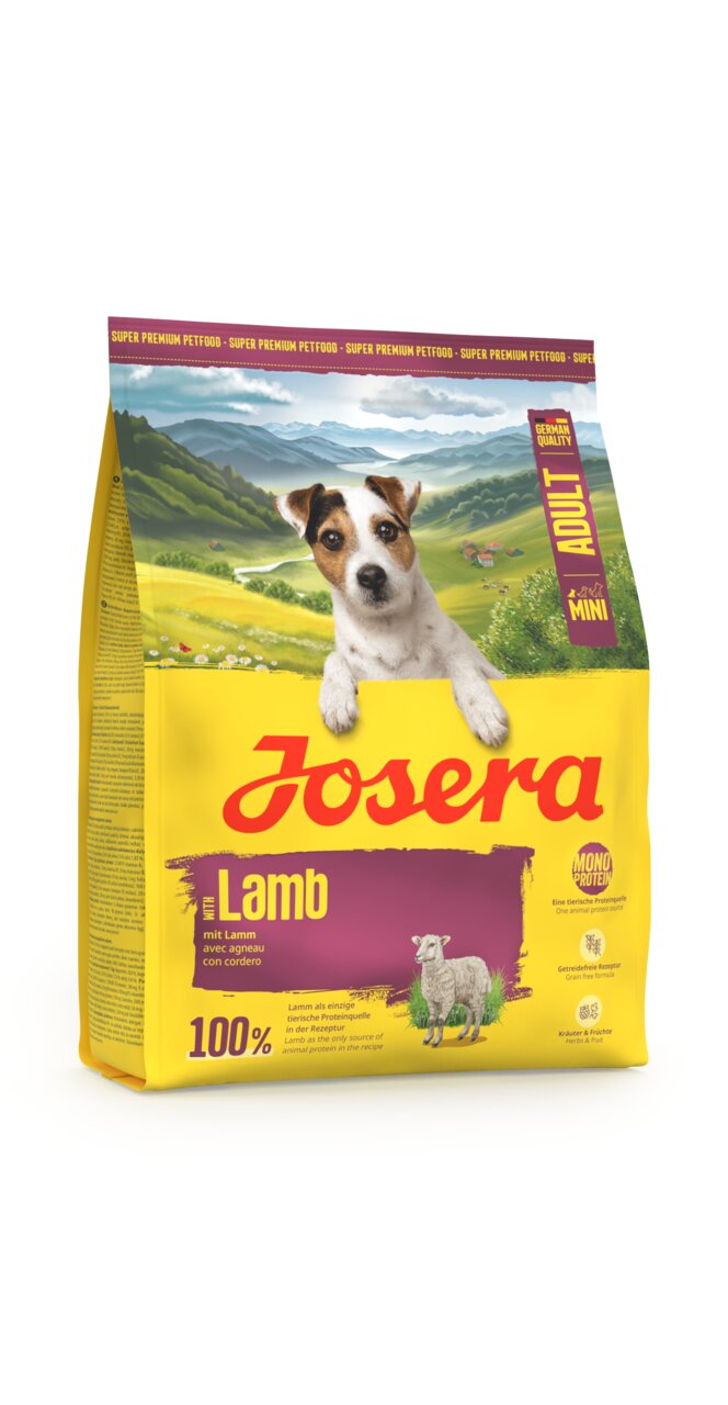 Josera Mini Adult mit Lamm, Hundefutter für ausgewachsene Hunde kleiner Rassen, Monoprotein, 100% Lamm, 900 g Packung.