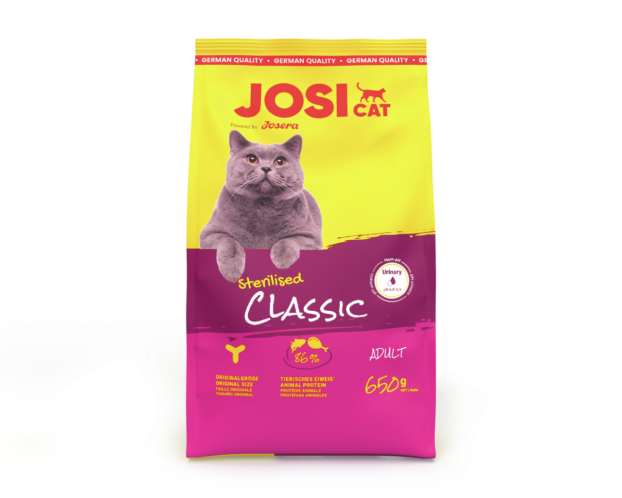 Das Bild zeigt eine gelb-pinke Verpackung des Katzenfutters „JosiCat Sterilised Classic“ von der Marke Josera. Es ist speziell für sterilisierte erwachsene Katzen entwickelt. Die Geschmacksrichtung basiert auf tierischem Eiweiß mit 86 % Proteinanteil. Die