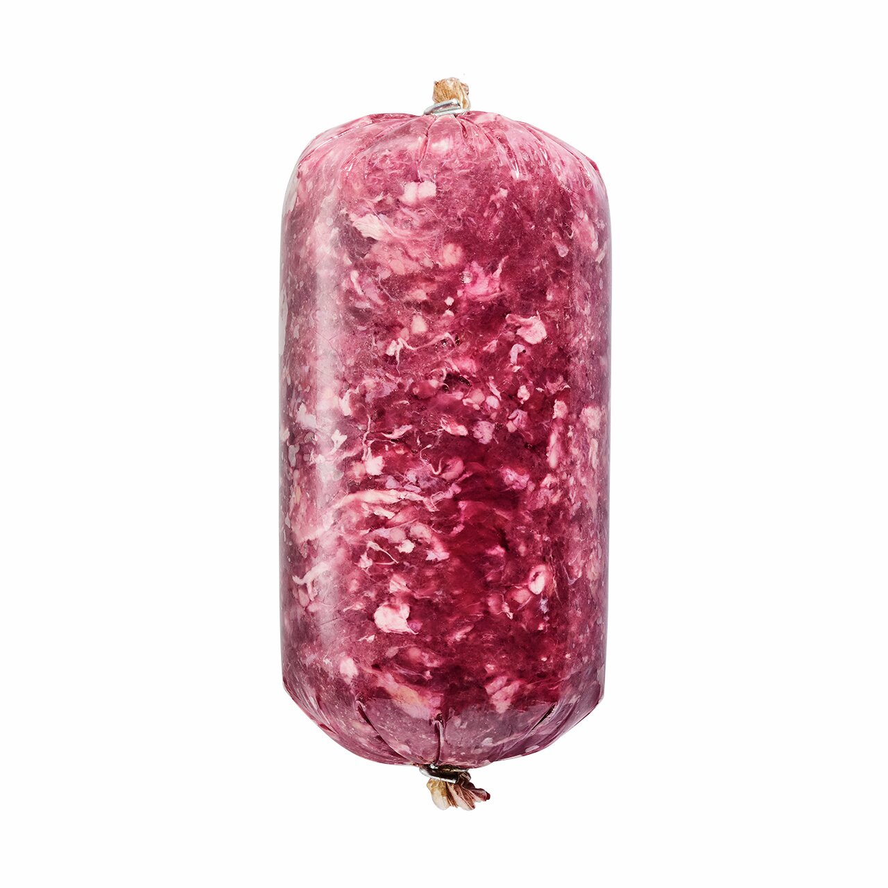 Lottis Häppchen Wurstrolle, Rind, für ausgewachsene Hunde, Fleischmahlzeit, vakuumverpackt, rote Textur.