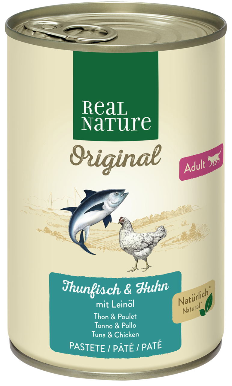 REAL NATURE Original Pastete, Katzen (Adult), Thunfisch & Huhn, mit Leinöl, 200 g, natürliches Futter ohne künstl. Zusätze.