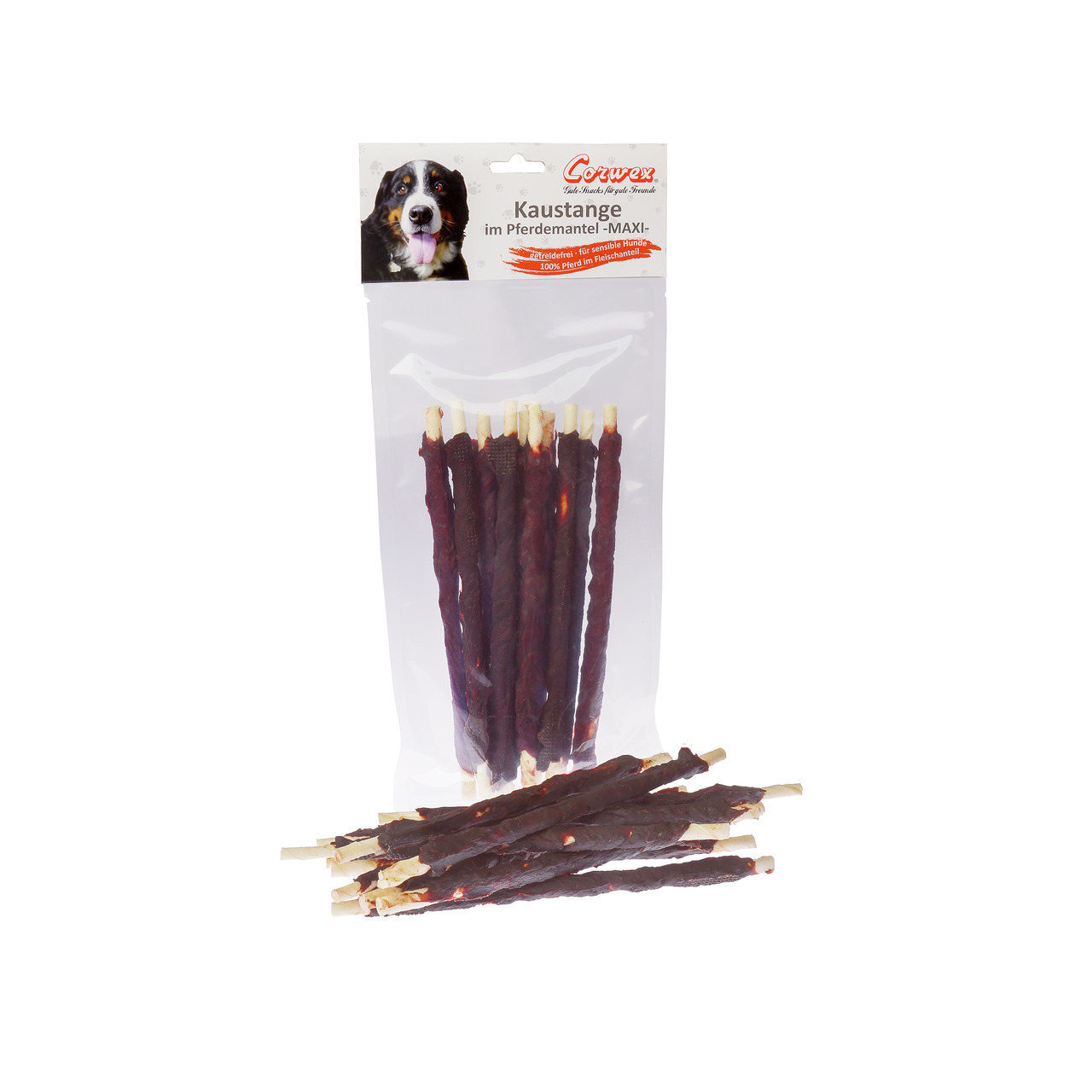 Corwex Kaustange MAXI für Hunde, 100 % Pferdefleisch, Snack zwischendurch, Lebensmittelqualität, mehrere Stangen sichtbar.