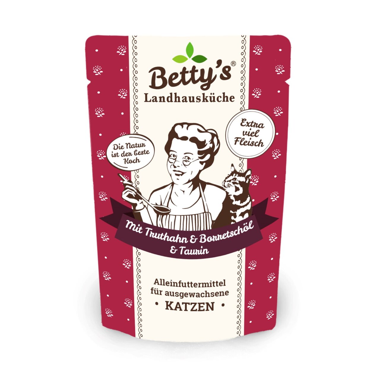 Betty’s Landhausküche Katzen-Nassfutter für ausgewachsene Katzen, Truthahn & Borretschöl mit Taurin, extra viel Fleisch.