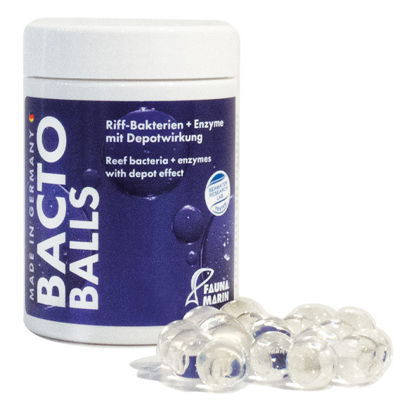 Fauna Marin Bacto Balls, Pflege Meerwasseraquarien, Riff-Bakterien+Enzyme, Depotwirkung, transparente Kugeln, lila Dose.