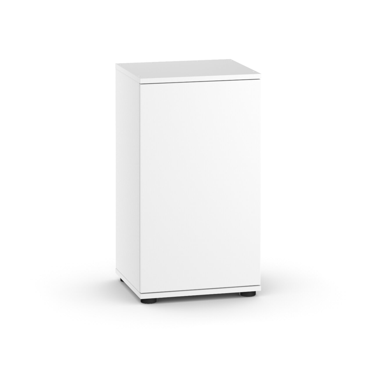 Weiße JUWEL Aquarienunterschrank, schlichtes Design, geeignet als stabiler Stand für Aquarien, mit vier schwarzen Füßen.