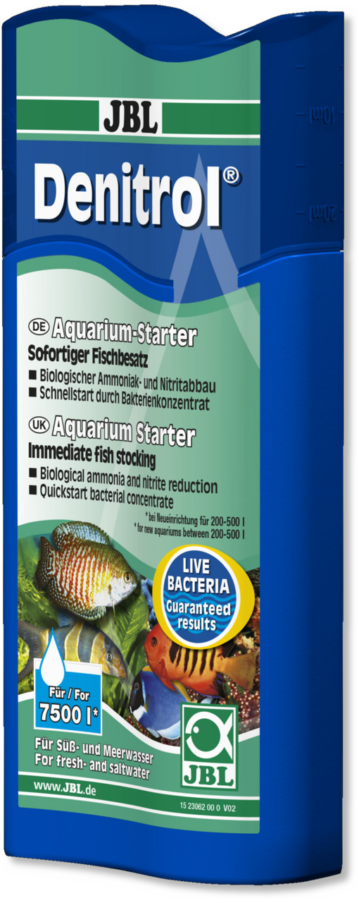 Das Bild zeigt das Produkt "JBL Denitrol", einen Aquarium-Starter für Süß- und Meerwasser. Es handelt sich um ein Bakterienkonzentrat, das biologischen Ammoniak- und Nitritabbau fördert und einen sofortigen Fischbesatz ermöglicht. Die Verpackung weist dar