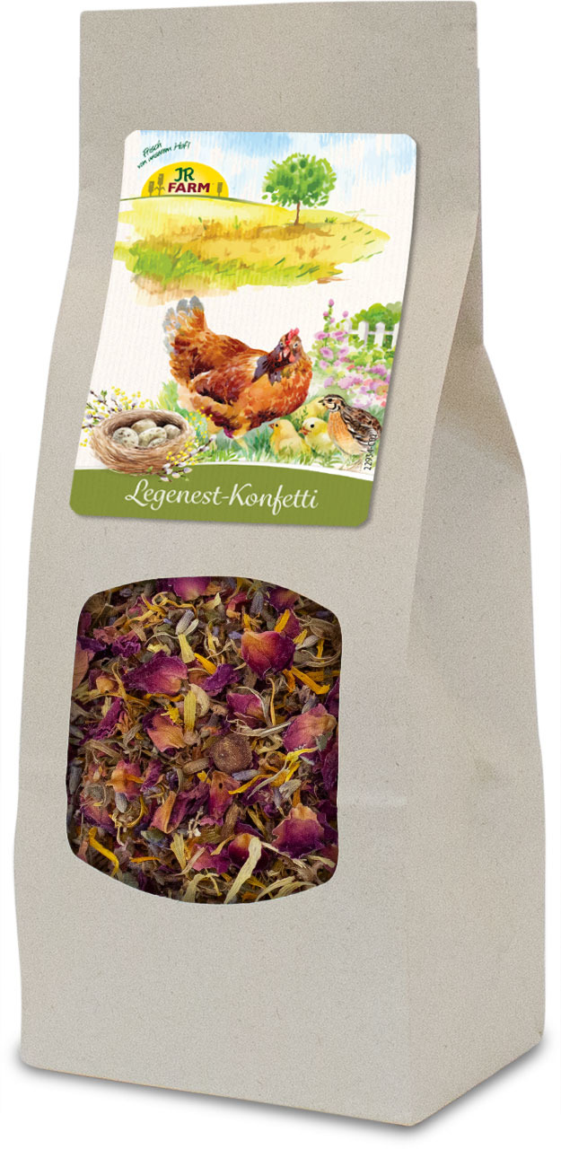 JR FARM Legenest-Konfetti, für Hühner, 150 g, Mischung aus getrockneten Blüten & Kräutern, macht das Legenest angenehmer.