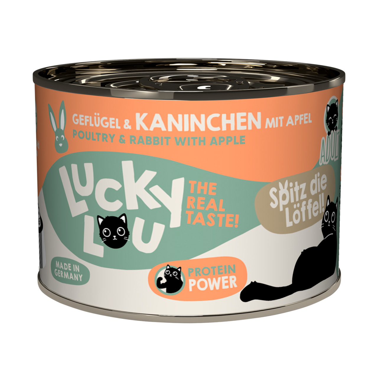 Das Bild zeigt eine Dose Katzenfutter der Marke Lucky Lou mit der Geschmacksrichtung Geflügel und Kaninchen, verfeinert mit Apfel. Die Zielgruppe sind ausgewachsene Katzen (Adult). Auf der Dose sind Werbeaussagen wie „The Real Taste!“ und „Protein Power“ 