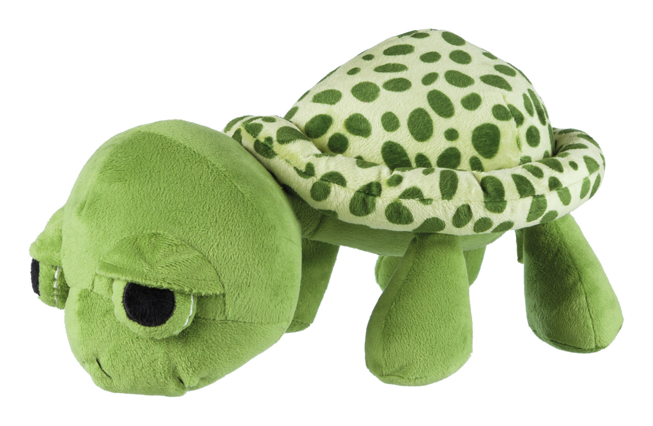 Das Bild zeigt ein grünes Plüschspielzeug in Form einer Schildkröte der Marke TRIXIE. Es ist für Hunde als Zielgruppe geeignet und dient als Spiel- und Kuschelspielzeug. Der Panzer ist mit grünen Punkten auf hellem Hintergrund gestaltet. Das Spielzeug ist