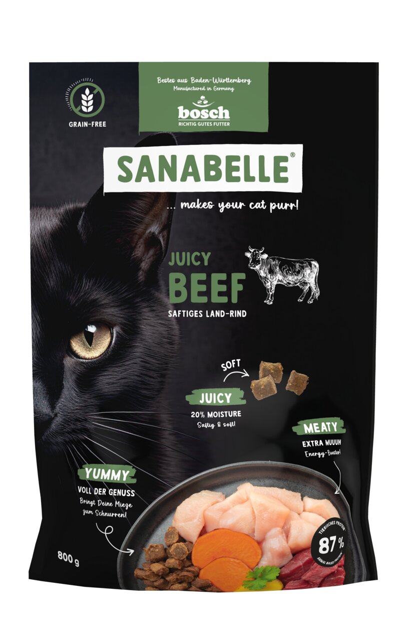 Das Bild zeigt eine schwarze Verpackung des Katzenfutters „Sanabelle Juicy Beef“ von Bosch, geeignet für Katzen. Es handelt sich um getreidefreies Futter mit saftigem Land-Rind, 20 % Feuchtigkeit und 87 % tierischem Protein. Die Packung enthält 800 g und 
