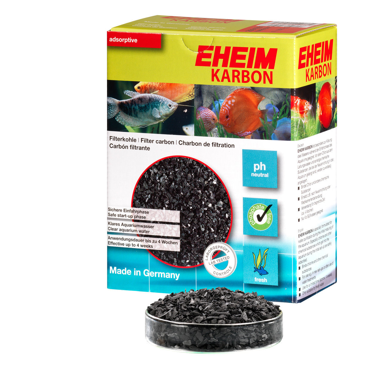 EHEIM Karbon Filterkohle, für Aquarienbesitzer, klares Wasser, pH-neutral, phosphatfrei, bis 4 Wochen, Menge sichtbar.