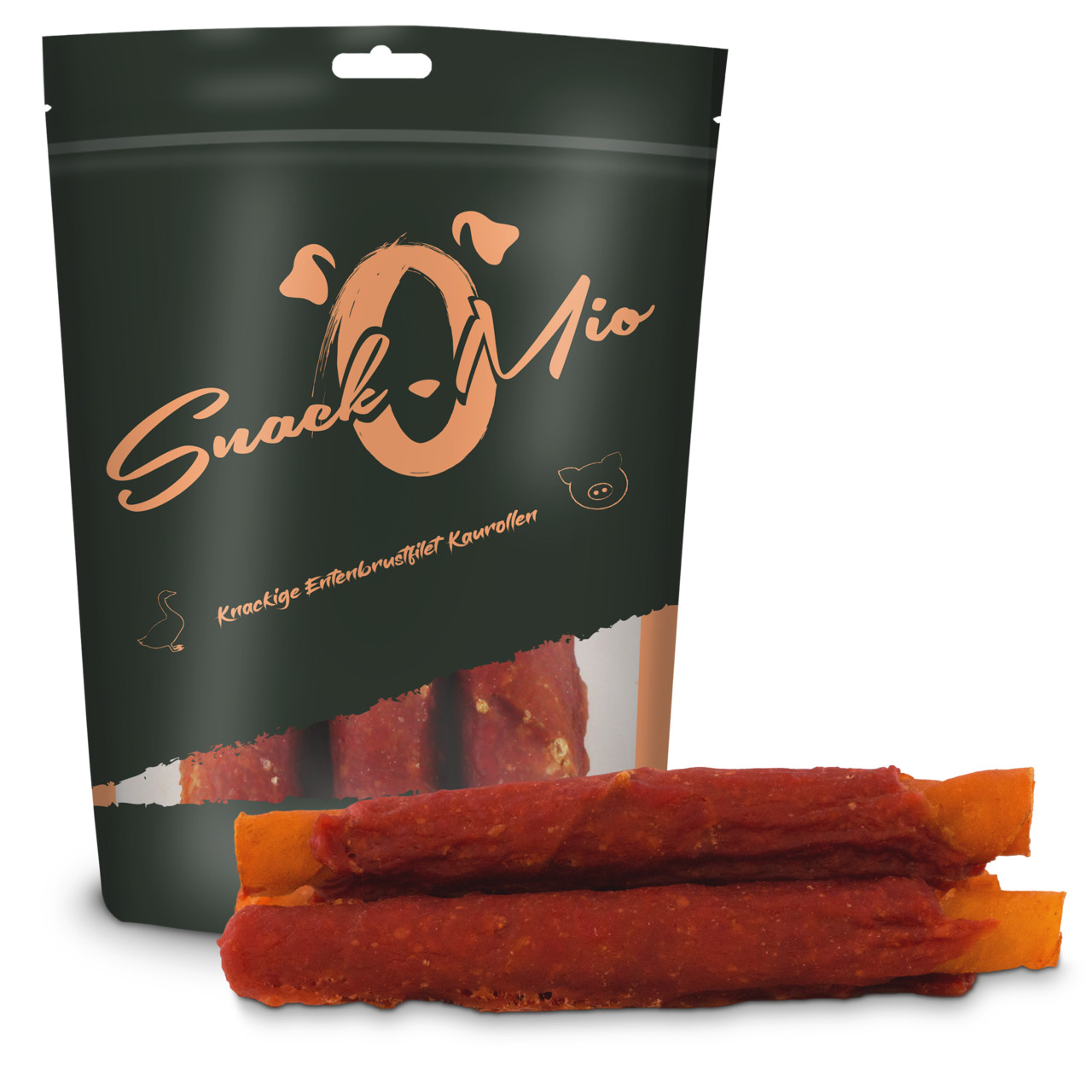 SnackOMio Knackige Entenbrustfilet Kaurollen, Hundesnack, Entenbrustfilet, hochwertig, dunkelgrüne Verpackung, Menge nicht erkennbar.