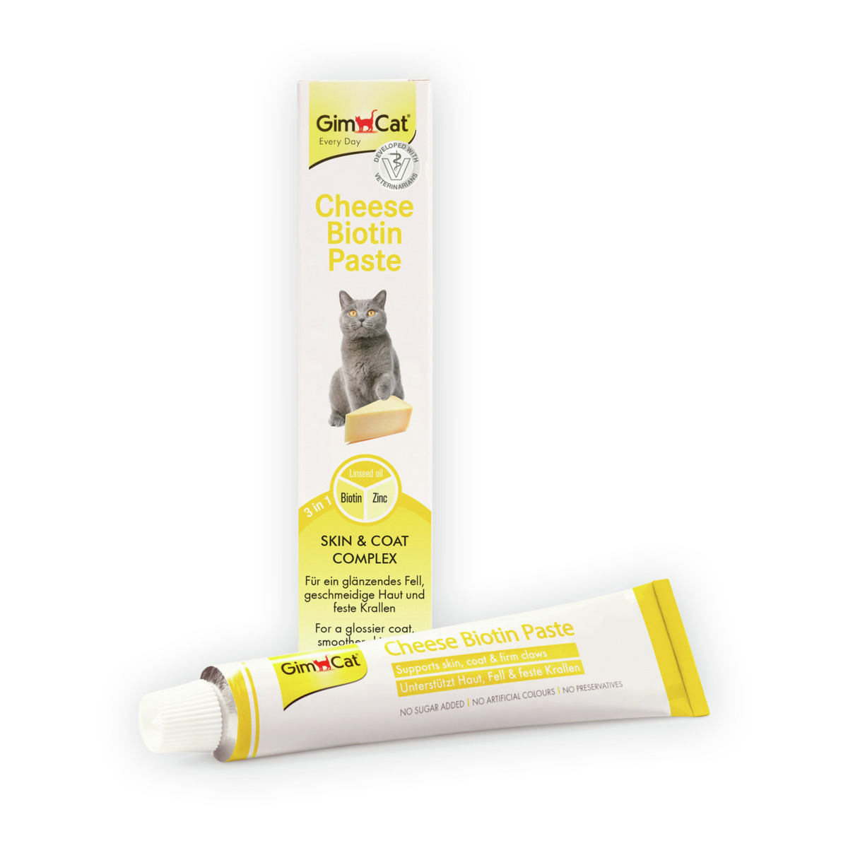 GimCat Cheese Biotin Paste, Nahrungsergänzung f. Katzen, mit Biotin & Zink, zuckerfrei, unterstützt Haut, Fell & Krallen, 50 g.