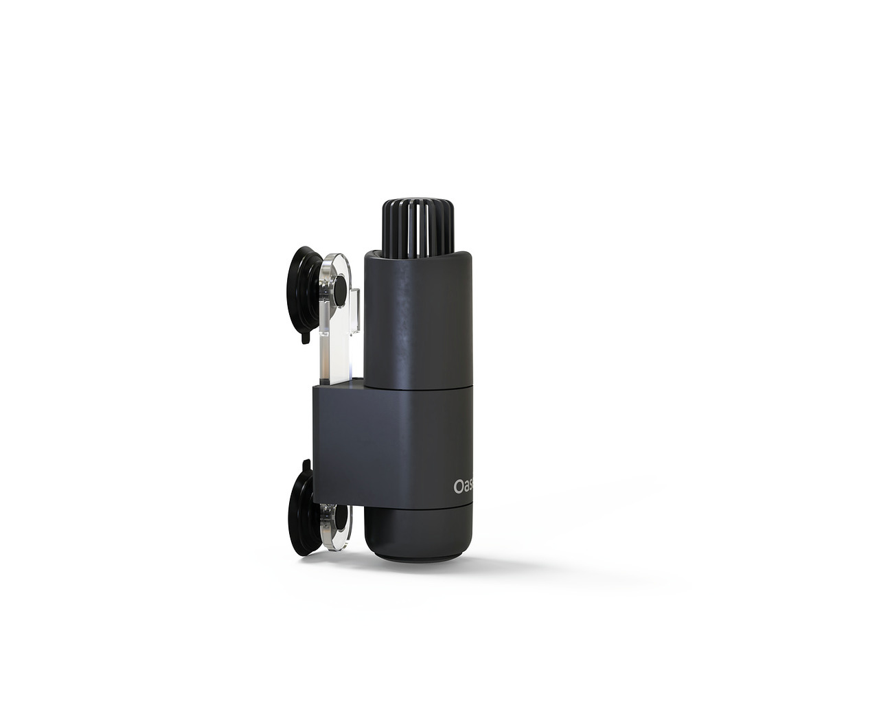 Das Bild zeigt den Oase Aquarium Innenfilter BioCompact 25, ein kompaktes Filtersystem für kleine Aquarien bis 25 Liter. Der schwarze Filter verfügt über zwei Saugnäpfe zur Befestigung an der Aquarienwand und ein verstellbares Auslassventil. Ideal für Aqu