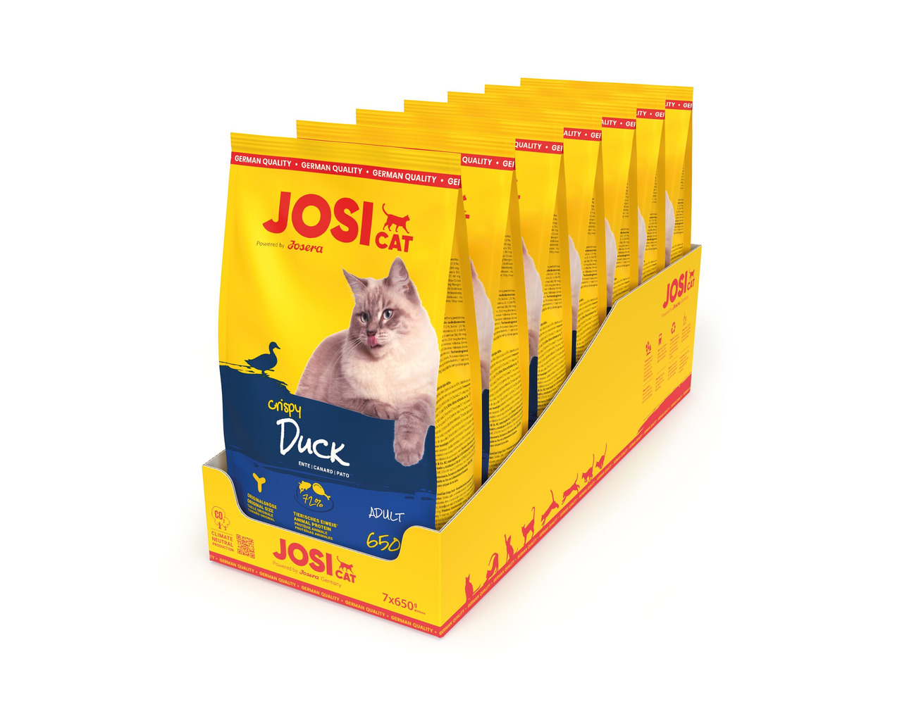 JosiCat Crispy Duck, Katzenfutter für ausgewachsene Katzen, Geschmack Ente, 72 % tierisches Protein, 7x650 g, German Quality.