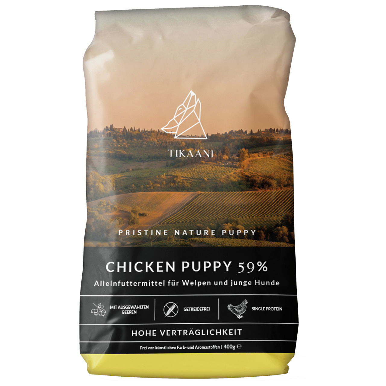 TIKAANI Pristine Nature Puppy Chicken, Alleinfutter f. Welpen, Huhn, 59% Hühneranteil, getreidefrei, 400 g, Single-Protein.