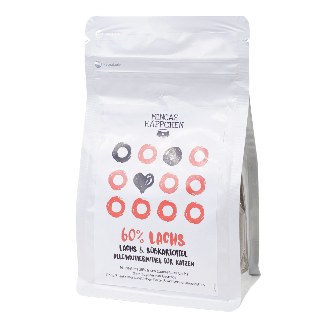 MINCAS HÄPPCHEN Katzenfutter, Lachs & Süßkartoffel, 60 % Lachs, 39 % frisch, getreidefrei, wiederverschließbar, 125 g.