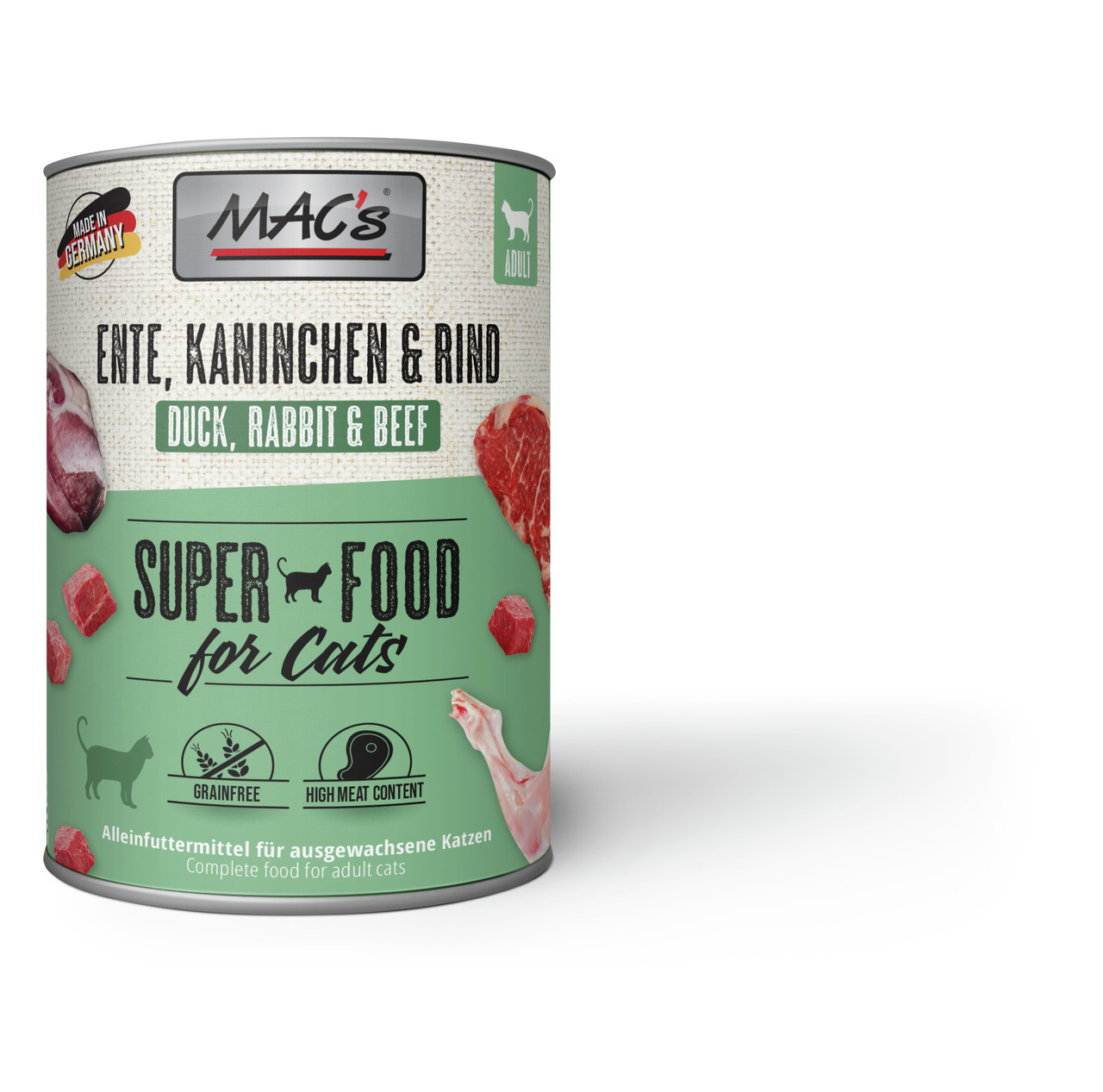 MAC's Super Food for Cats, erw. Katzen, Ente/Kaninchen/Rind, getreidefrei, hoher Fleischanteil, 400 g.