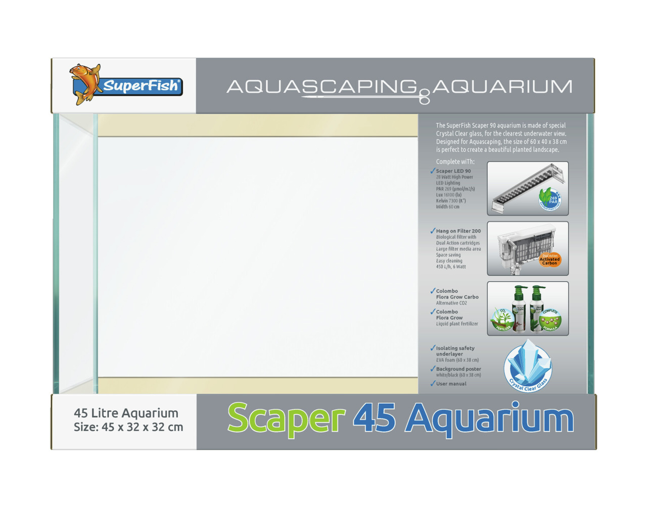 SuperFish Scaper 45 Aquarium, 45 L, Kristallglas, 45x32x32 cm, inkl. LED, Bio-Filter & CO2-Dünger, für Aquaristik-Enthusiasten.