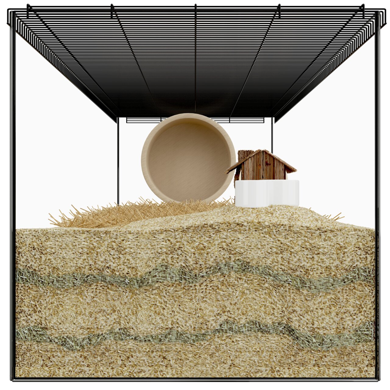 Das Bild zeigt ein Kleintierkäfig-Setup mit Einstreu von der Marke Allpets. Zielgruppe sind Kleintiere wie Hamster oder Mäuse. Im Käfig befinden sich eine Holzschale, ein kleines Holzhaus und eine dicke Schicht aus natürlicher Einstreu, die Komfort und Hy