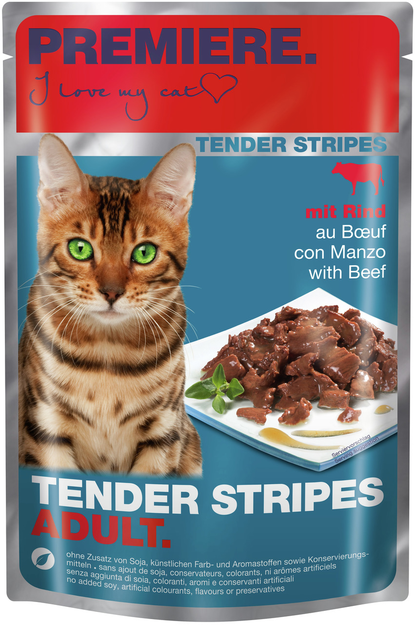 PREMIERE Tender Stripes Adult, Rind, für ausgew. Katzen, zarte Fleischstreifen in Sauce, ohne Soja, Farb--Aromastoffe, 85g.