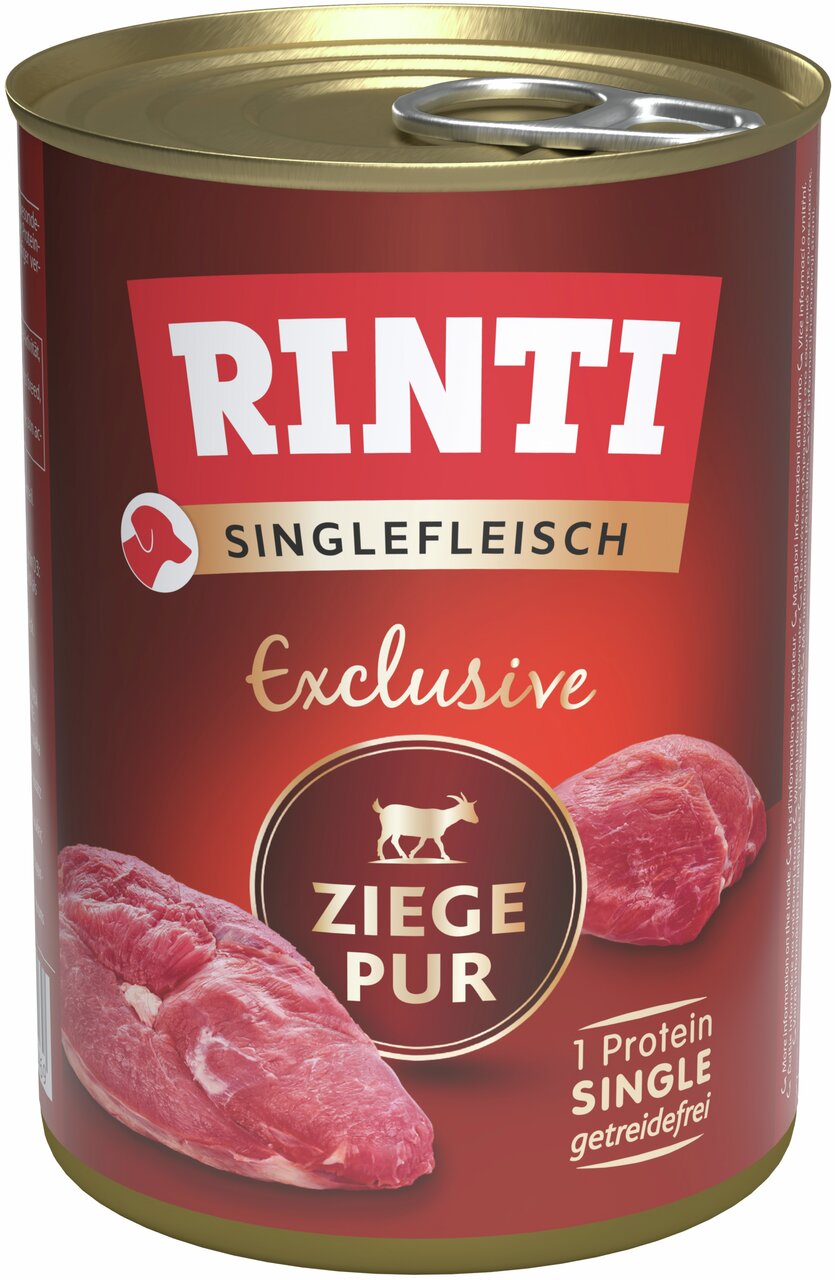 RINTI Singlefleisch Exclusive Ziege Pur, für Hunde, Geschmacksrichtung Ziege, getreidefrei, 400 g, proteinreiche Nassnahrung.