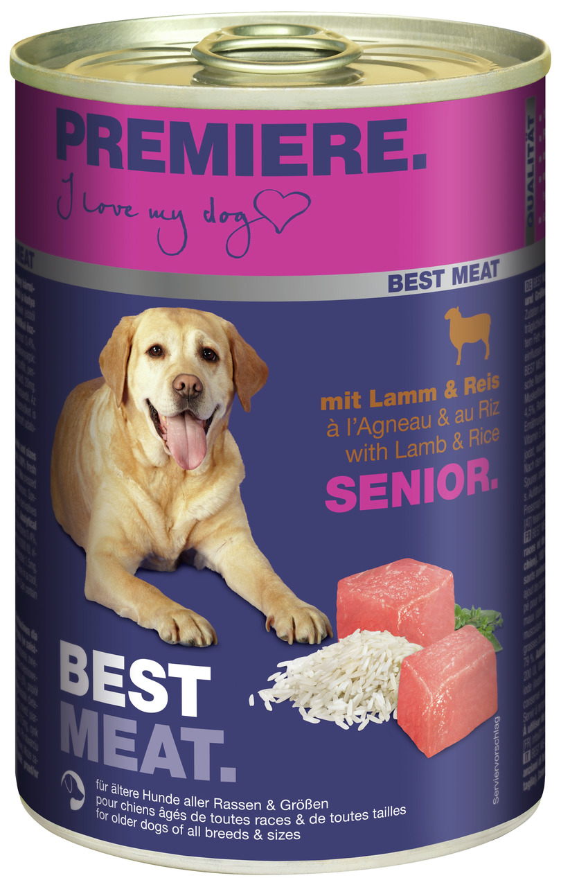 Eine Dose PREMIERE Best Meat Senior Hundefutter mit Lamm und Reis, speziell für ältere Hunde aller Rassen und Größen. Die Verpackung zeigt ein Bild eines Hundes, Fleischstücke und Reis. Inhalt: 400 g. Geschmack: Lamm & Reis. Werbeslogan: „I love my dog“. 