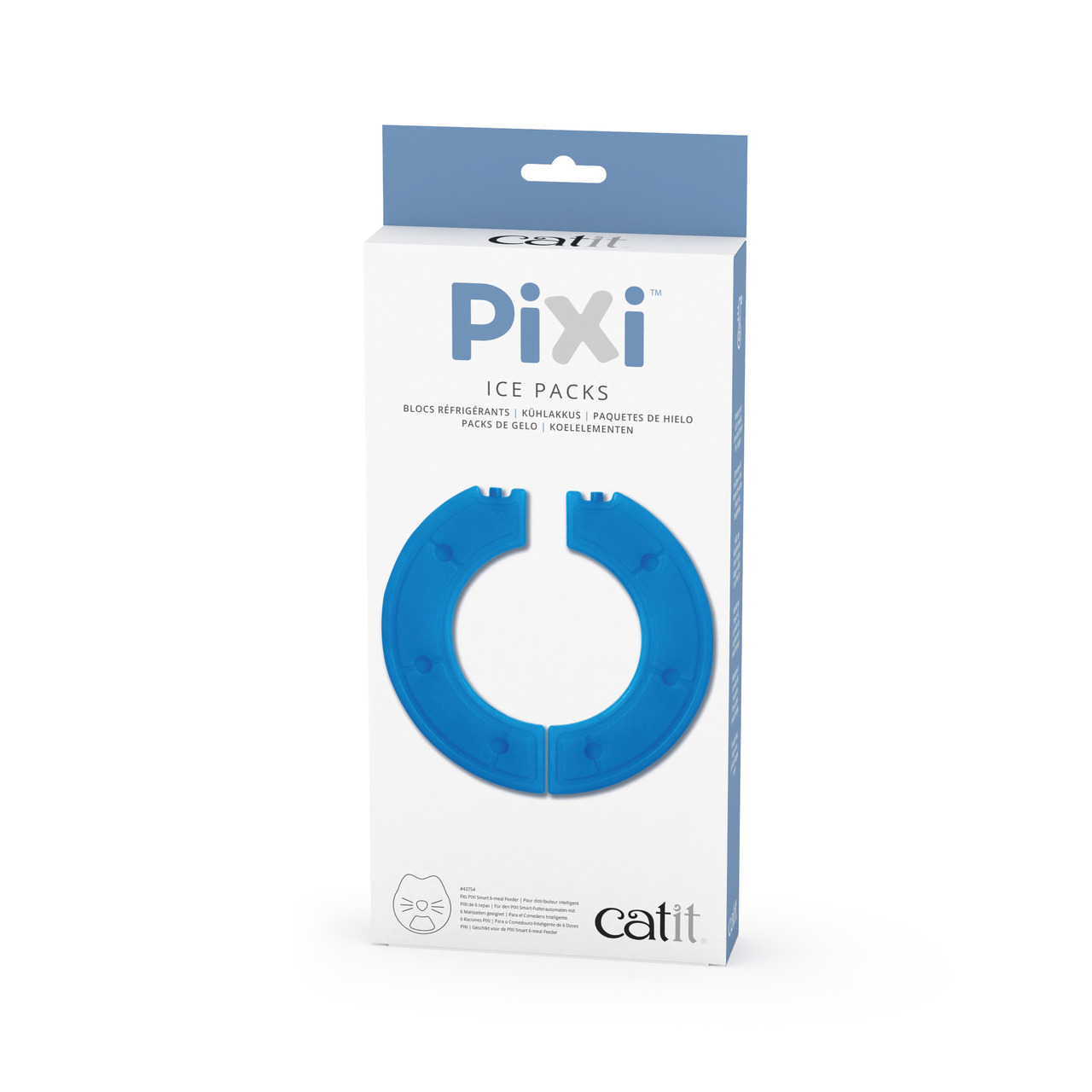 Das Bild zeigt die Verpackung der Catit Pixi Ice Packs, einem Produkt für Katzen. Die Zielgruppe sind Katzenbesitzer, die Kühlakkus für Trinkbrunnen benötigen. Die Verpackung ist weiß mit blauer Schrift und zeigt ein blaues, ringförmiges Kühlakku. Marke: 