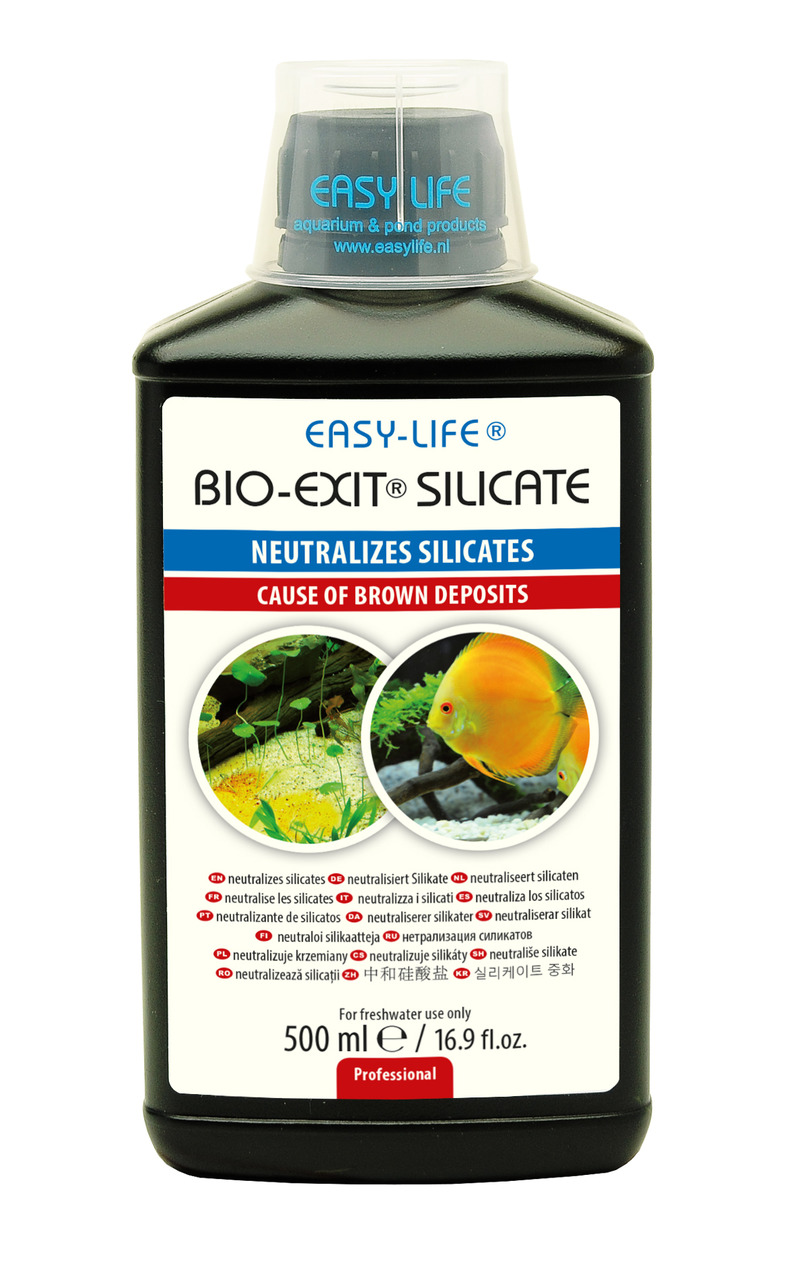 Das Bild zeigt eine schwarze Flasche des Produkts „Easy-Life Bio-Exit Silicate“ mit einem Fassungsvermögen von 500 ml. Dieses Produkt richtet sich an Aquarienbesitzer und dient zur Neutralisierung von Silikaten, um braune Ablagerungen im Süßwasseraquarium