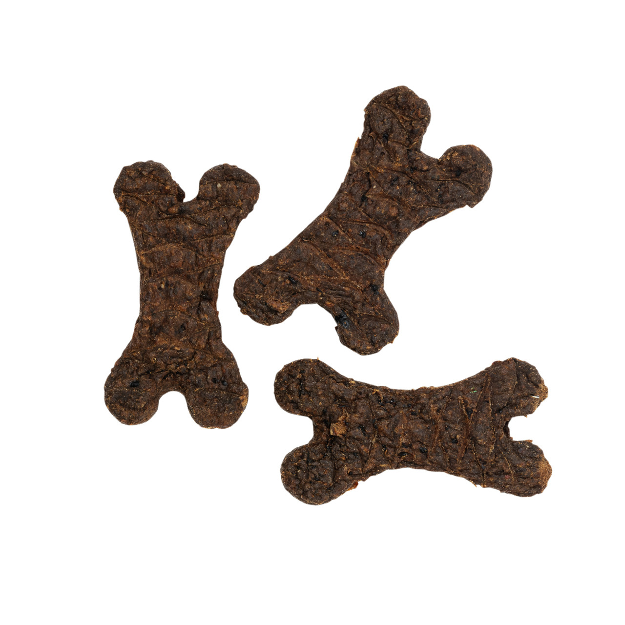 Drei dunkelbraune Hundesnacks in Knochenform der Marke Lottis Häppchen, geeignet für Hunde als Belohnung oder Snack zwischendurch. Die Leckerlis bestehen aus natürlichen Zutaten und sind frei von künstlichen Zusätzen. Perfekt für ernährungsbewusste Hundeb
