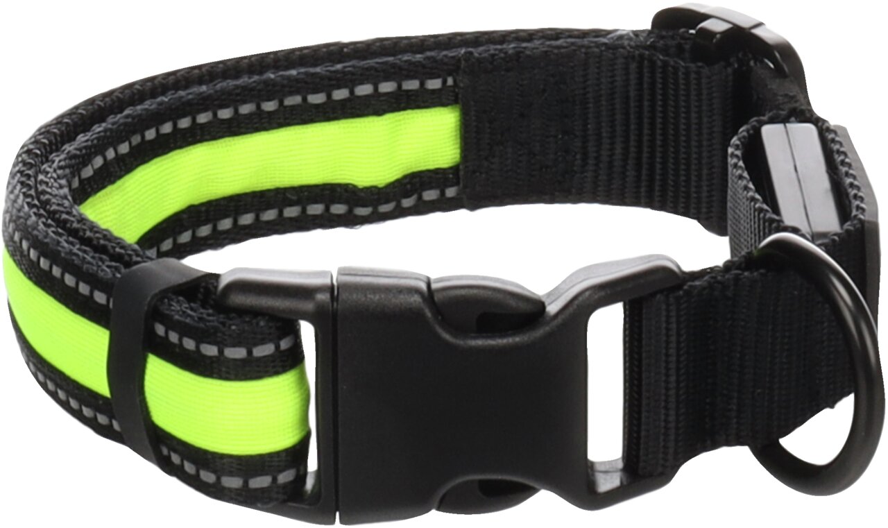 Flamingo Halsband für Hunde, reflektierend, Gelb/Schwarz, Nylon, für alle Größen, Sicherheit bei Dunkelheit, robuste Schnalle, Metallring.