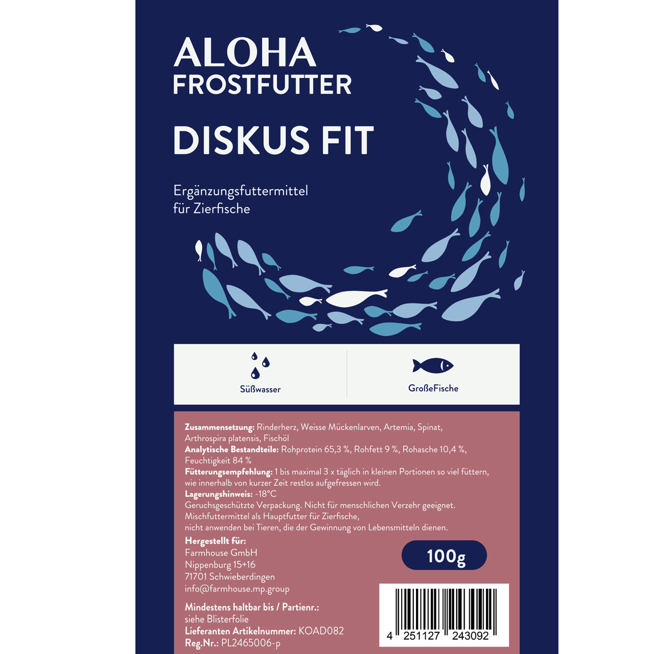 ALOHA Frostfutter Diskus Fit, Ergänzungsfutter für Zierfische (Süßwasser-große Fische), 100 g, mit Rinderherz, Mückenlarven & Spinat.