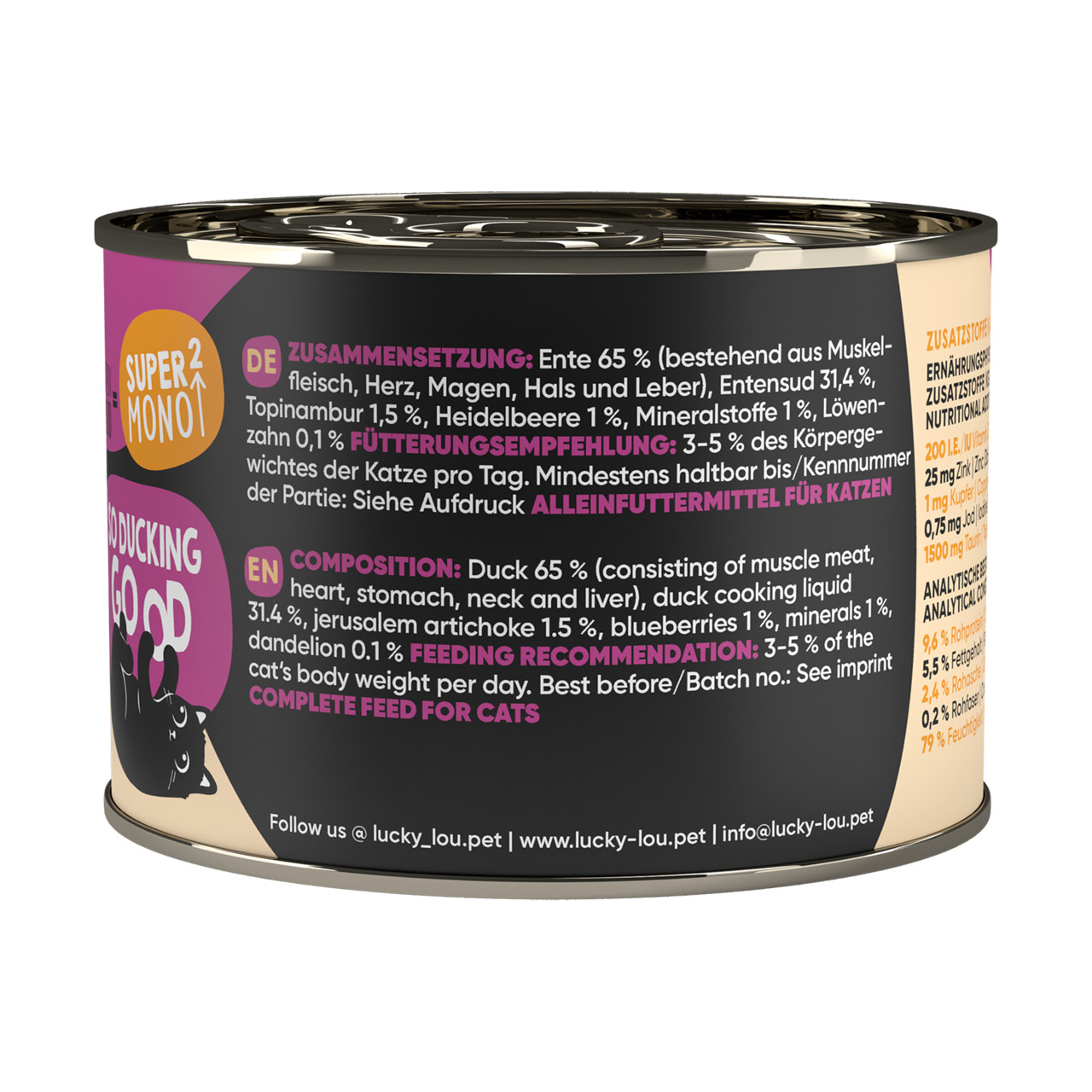 Lucky Lou Katzenfutter Ente, 65 % Ente, 400 g, Alleinfuttermittel, mit Topinambur & Heidelbeeren, für Katzen.