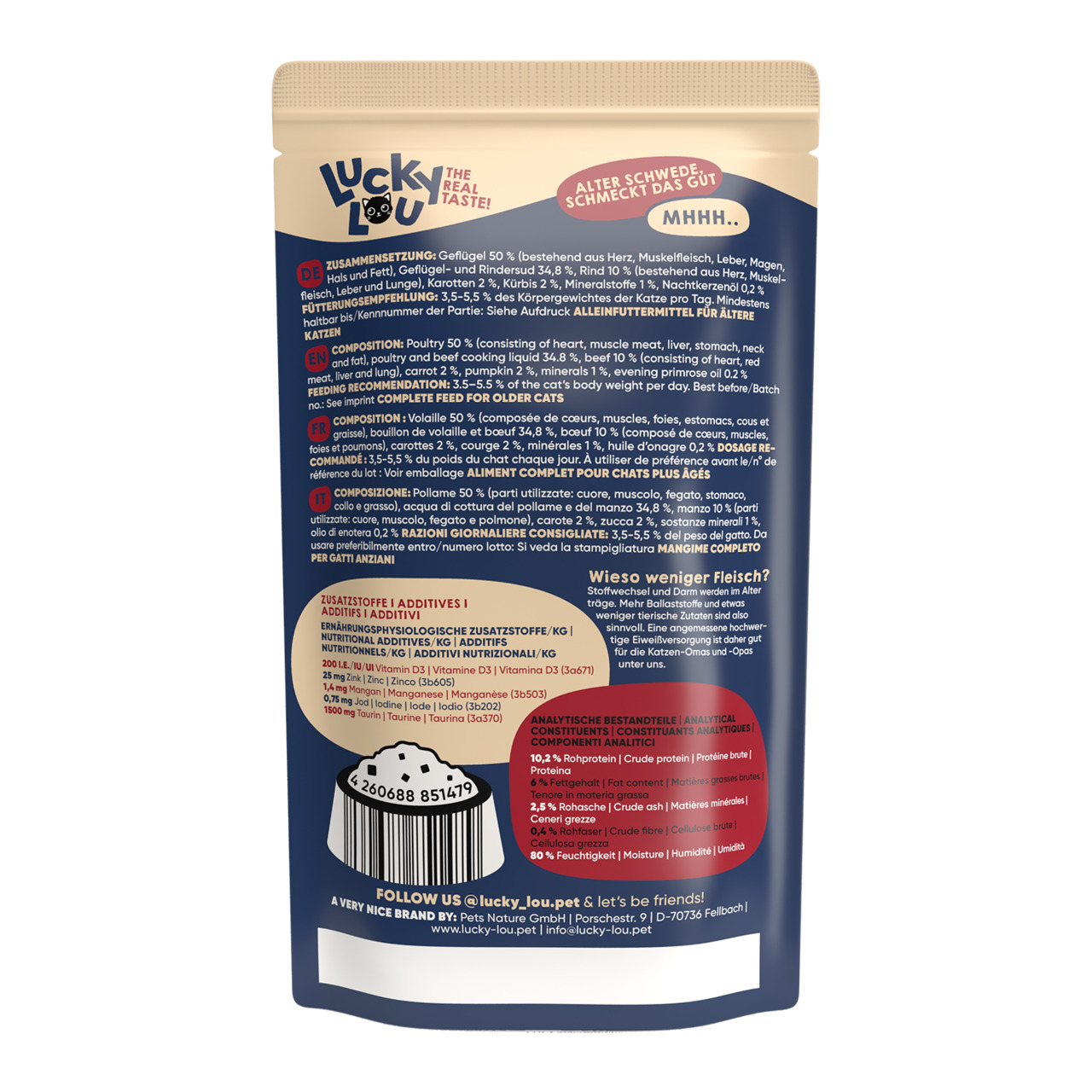Lucky Lou – The Real Taste, Alleinfutter f. ältere Katzen, Geflügel & Rind, 70 g, 50 % Geflügel, 34,8 % Rind, hochwertige Zusammensetzung.