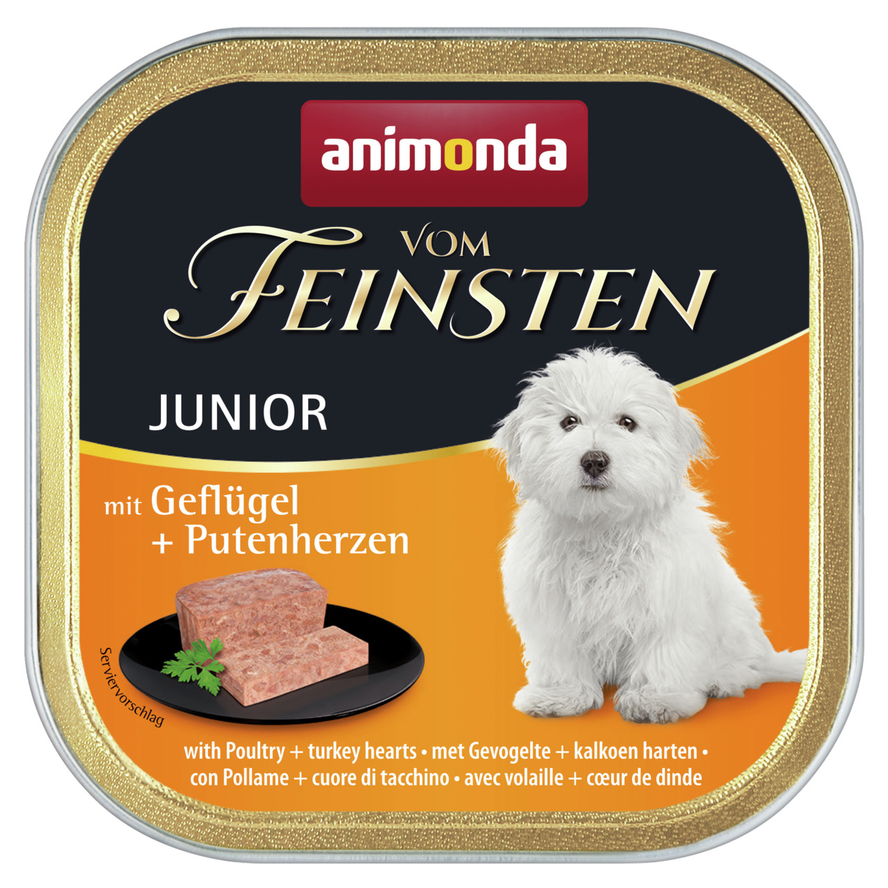 animonda Vom Feinsten Junior, Hundefutter für junge Hunde, Geflügel mit Putenherzen, 150 g, mit weißem Welpen auf der Verpackung.
