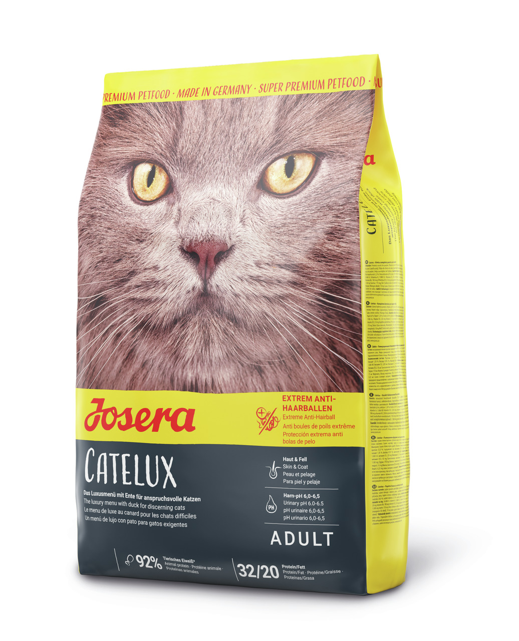 Josera Catelux Trockenfutter, Adult, Ente, 10 kg, für anspruchsvolle Katzen, unterstützt Haut & Fell, Anti-Haarballen-Wirkung.