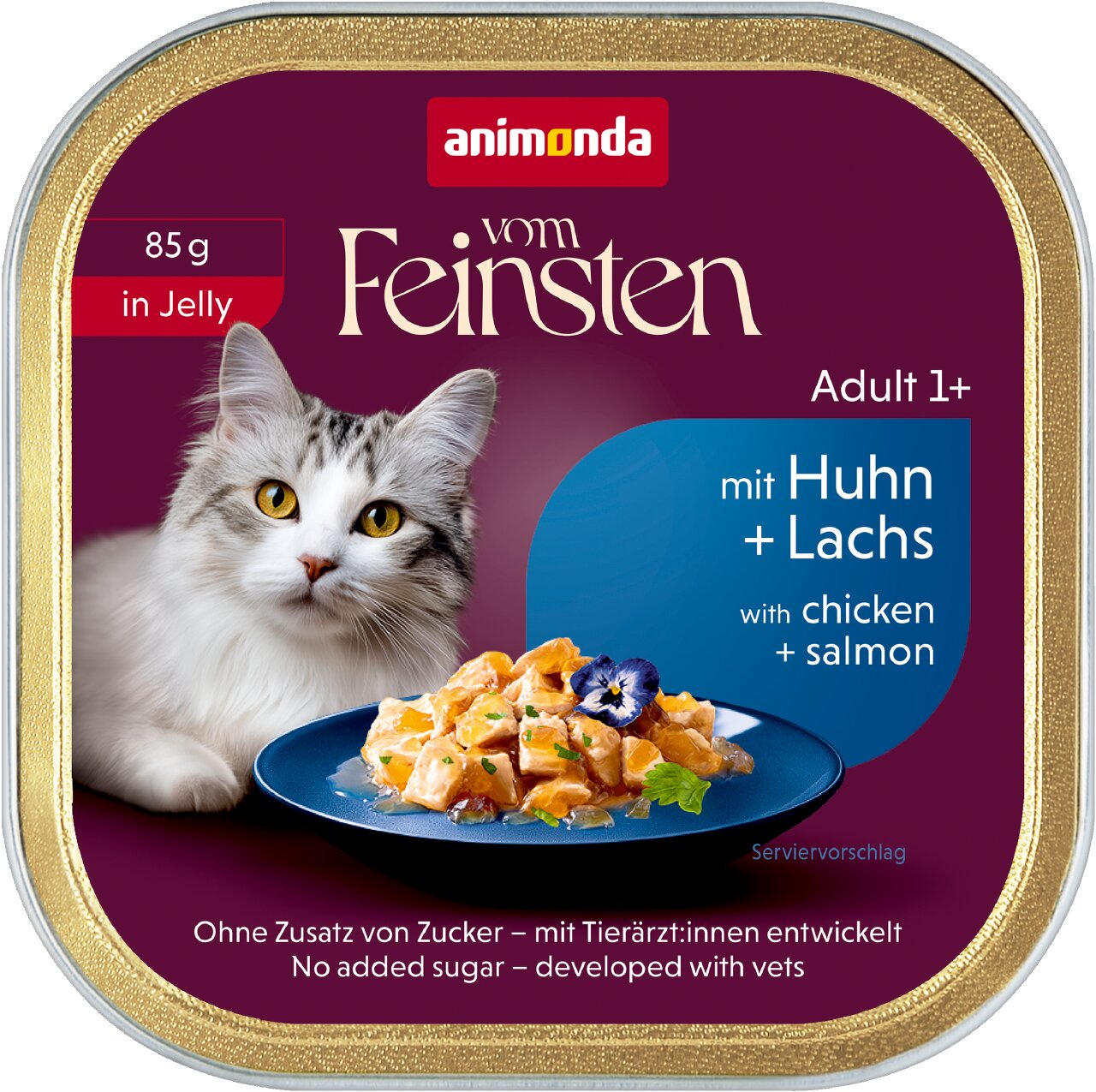 animonda vom Feinsten Adult 1+ für Katzen, mit Huhn und Lachs in Jelly, ohne Zuckerzusatz, 85 g Schale.