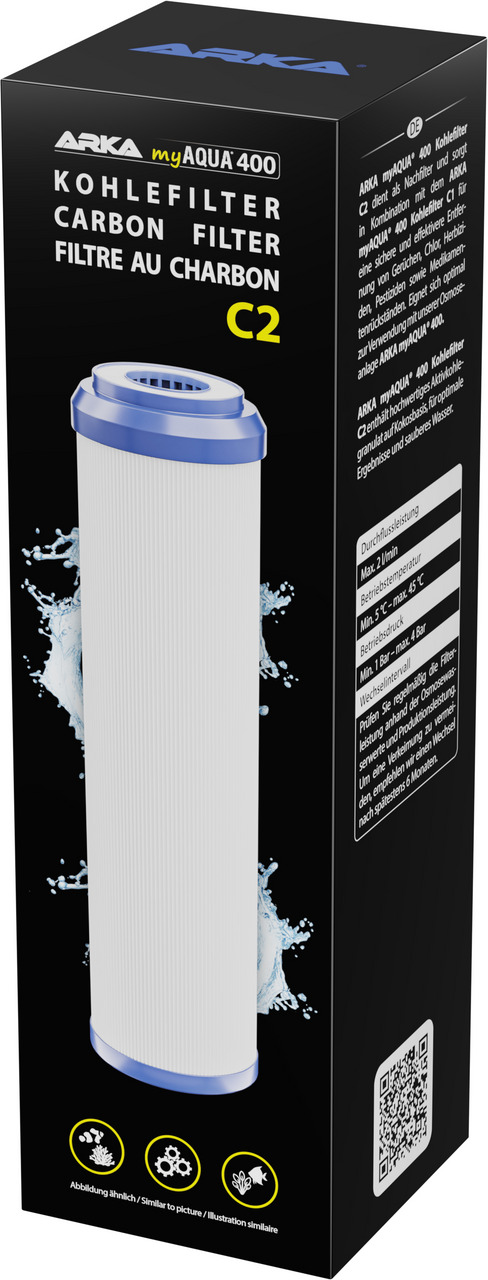 Das Bild zeigt den ARKA myAQUA 400 Kohlefilter C2 in seiner Verpackung. Der Filter ist für die Wasseraufbereitung konzipiert und entfernt effektiv Schadstoffe wie Chlor und organische Verbindungen. Die Verpackung ist schwarz mit blauen und weißen Akzenten