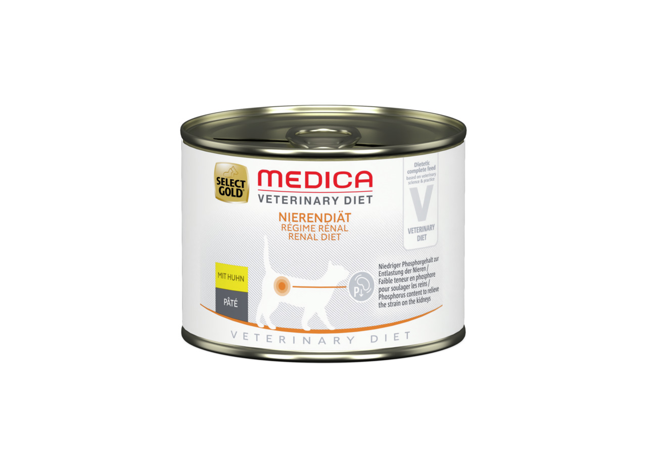 Select Gold Medica Vet. Diet Nierendiät für Katzen, Huhn-Paté, niedriger Phosphorgehalt zur Nierenentlastung.
