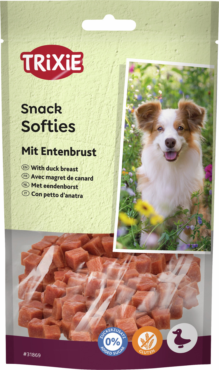 Das Bild zeigt die Verpackung des Produkts „TRIXIE Snack Softies mit Entenbrust“. Es handelt sich um weiche Hundesnacks für ausgewachsene Hunde. Die Geschmacksrichtung ist Entenbrust. Die Verpackung enthält Würfel ohne Zuckerzusatz und glutenfrei. Im Hint