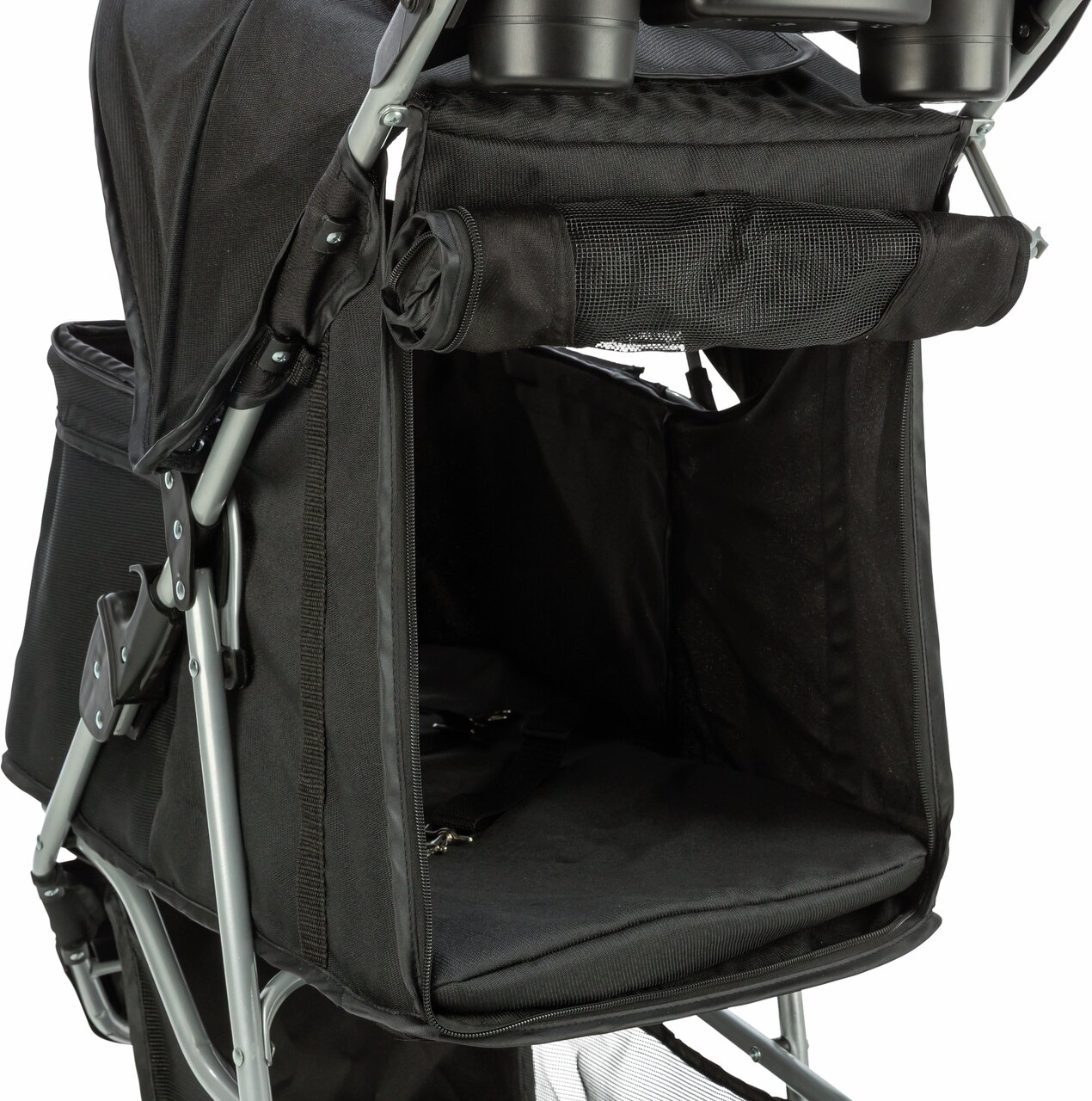 Schwarzer TRIXIE-Buggy für Haustiere, geeignet für kleine Hunde oder Katzen, mit gepolstertem Innenraum und Netzabdeckung.